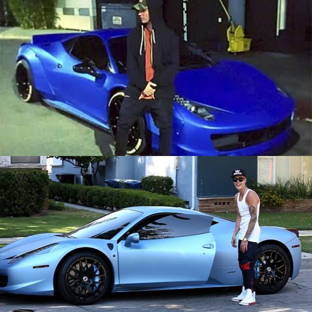 Justin Bieber, His Ferrari before and after repainting