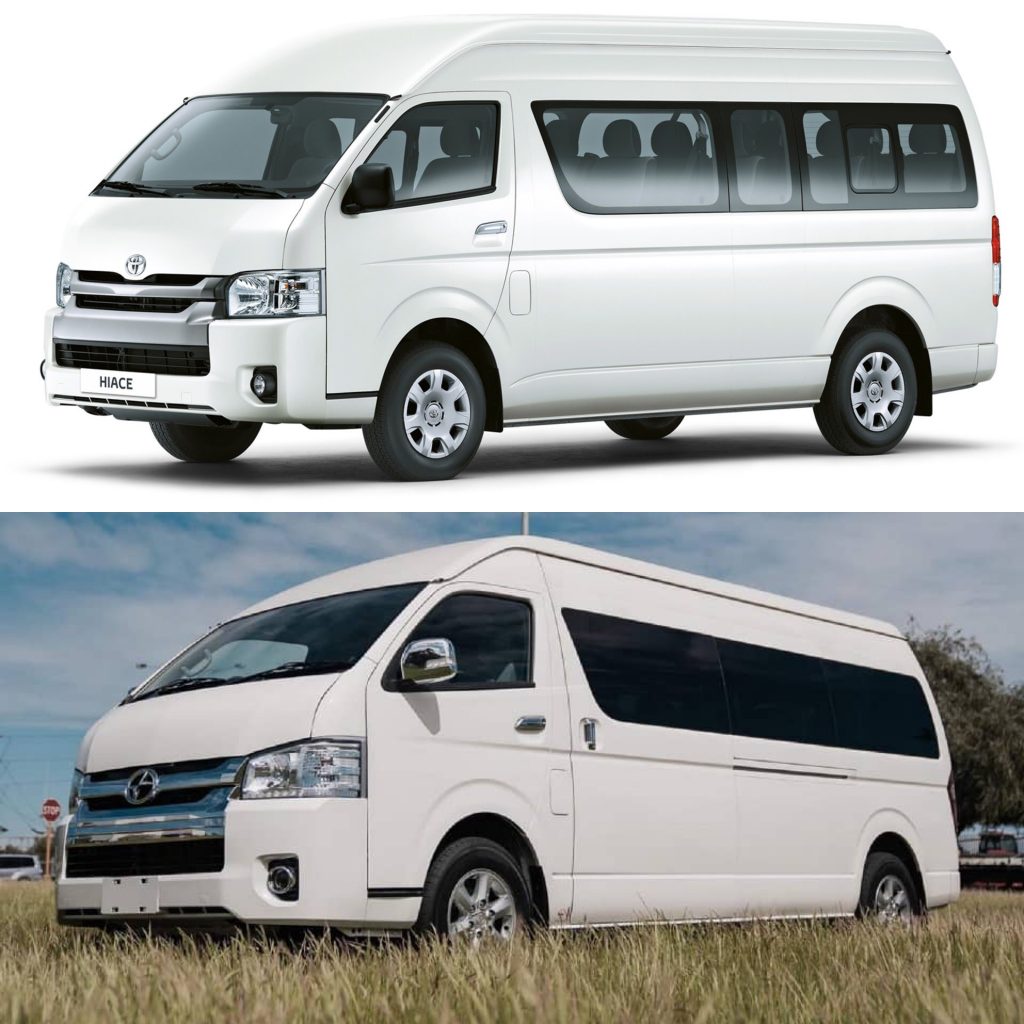 Toyota HiAce fifth-gen bus (above) & the Joylong E6 Electric bus (below)