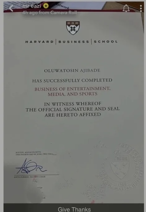 Mr Eazi Harvard Business School certificate