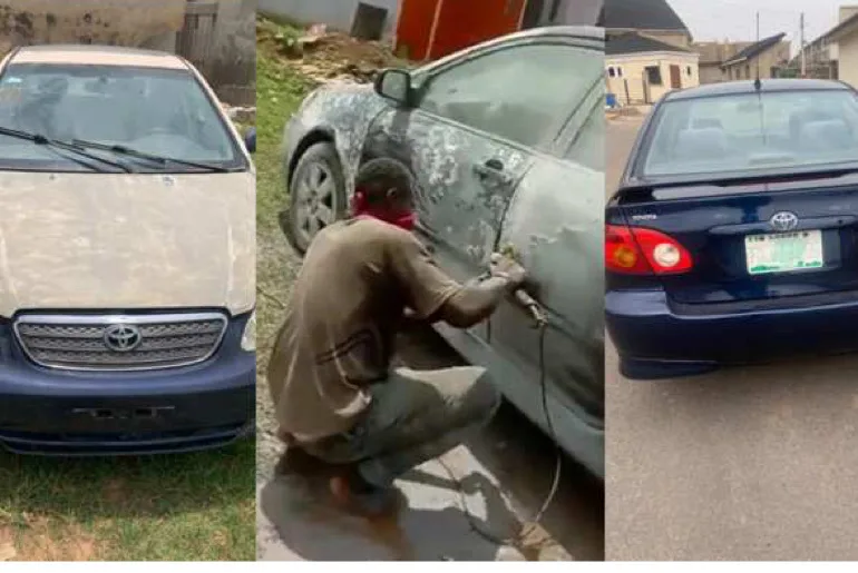 An image showing a mechanic upgrade an old Toyota Camry into a new Toyota Camry.