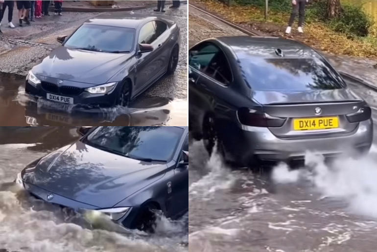 An image showing the BMW M5 soaked inside water.