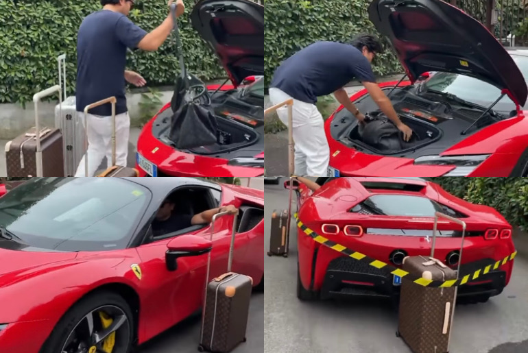 An image showing a billionaire going shopping with a Ferrari SF90.