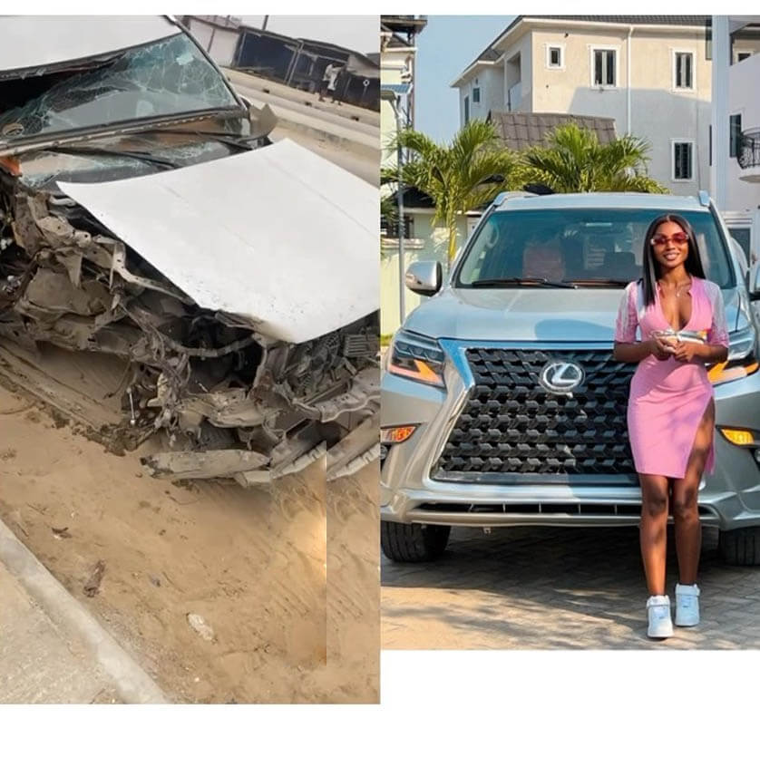 Popular influencer Ifeoluwa Adegoke cries out after a mechanic crashed her car