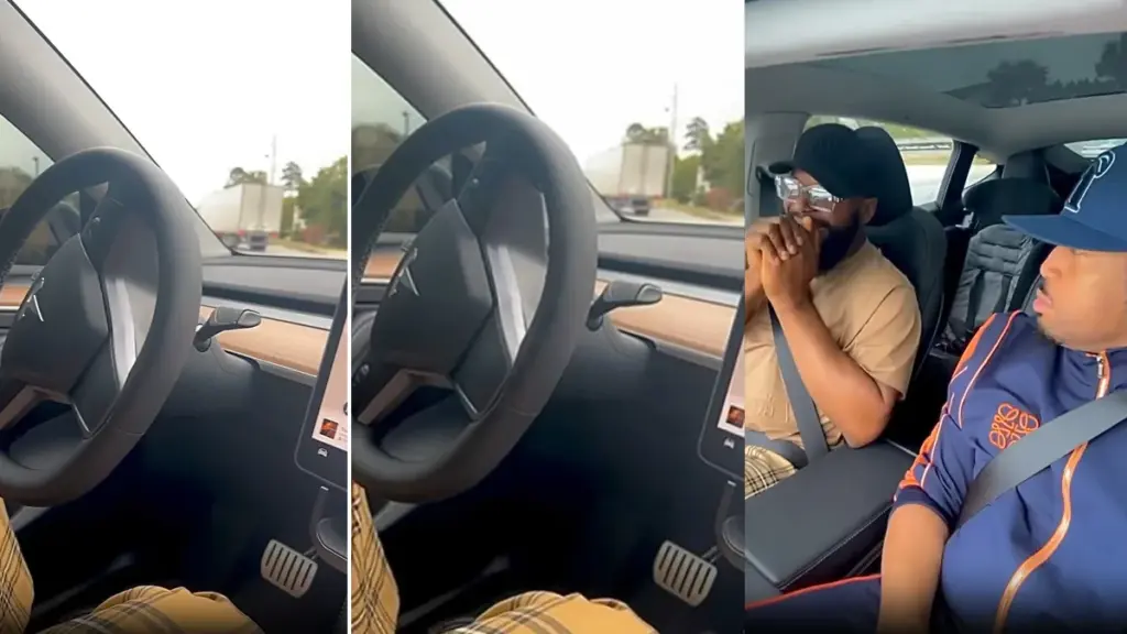 Mike Ezuruonye cries out as friend leaves Telsa Car steering, Switch vehicle on auto-drive