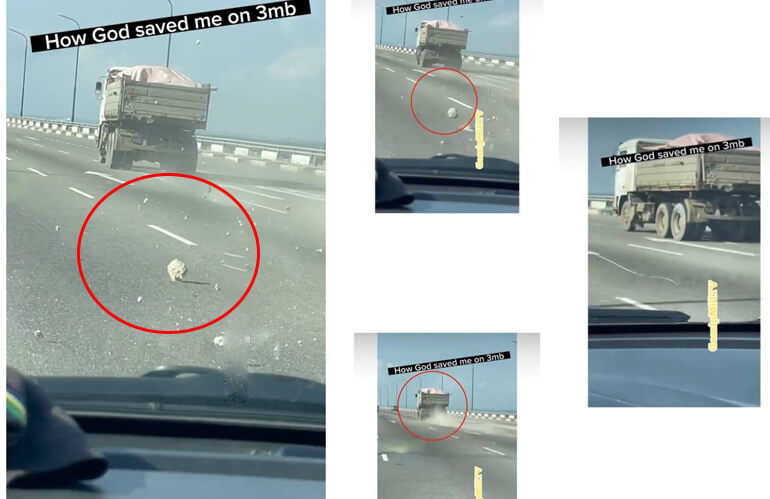 Nigerian Man Shows How He Escaped Death After Huge Stone Jumped Out From A Tipper & Hit His Car On Third Mainland Bridge