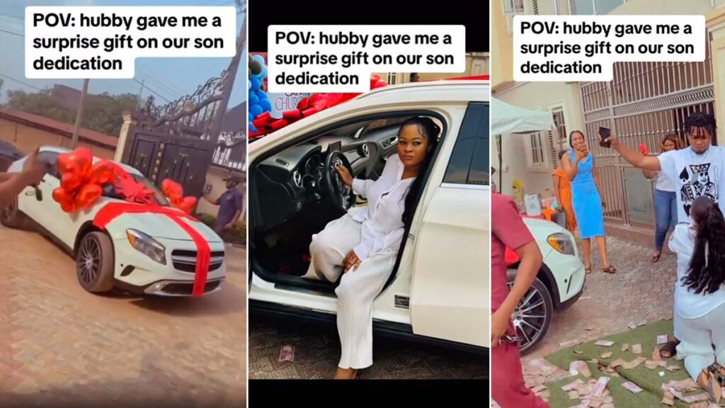 Nigerian man surprises wife with a Benz SUV worth over N20Million on their Baby’s Dedication