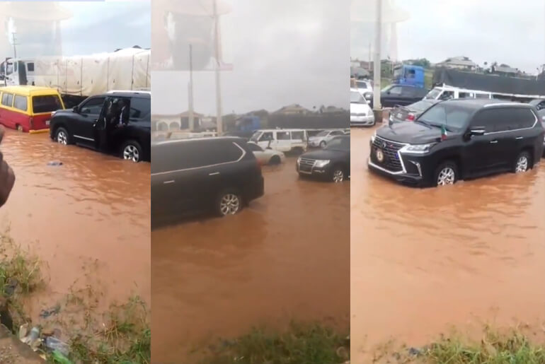 The moment Gov. Obaseki’s convoy reportedly got a taste of flood on a road in Edo State