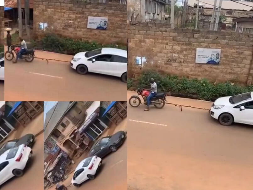 Camera Captures Moment Okada Rider Tows A Toyota Corolla in Akure