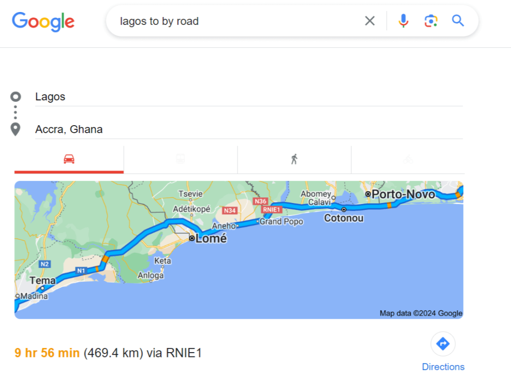 How many hours is Lagos to Ghana