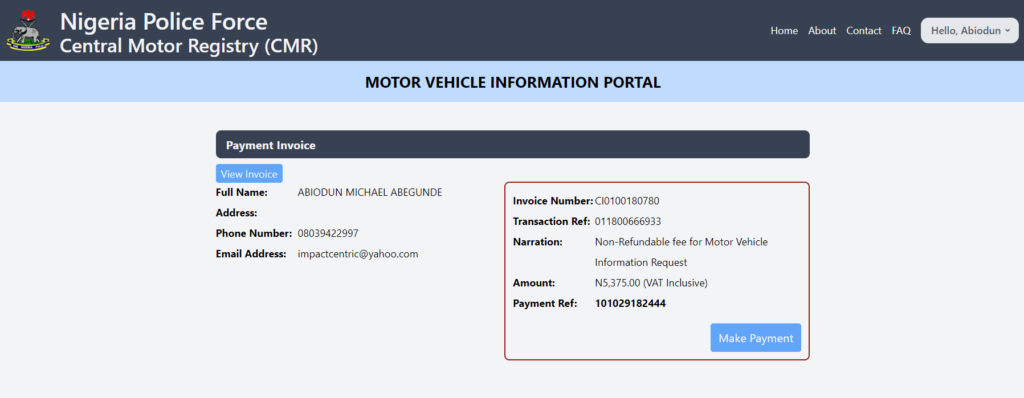 Make payment for vehicle detail on emcr Nigeria